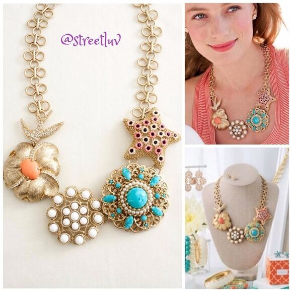 Stella & Dot Bird of Paradise Statement Necklace Gold Turquoise Coral Retired - Picture 1 of 10
